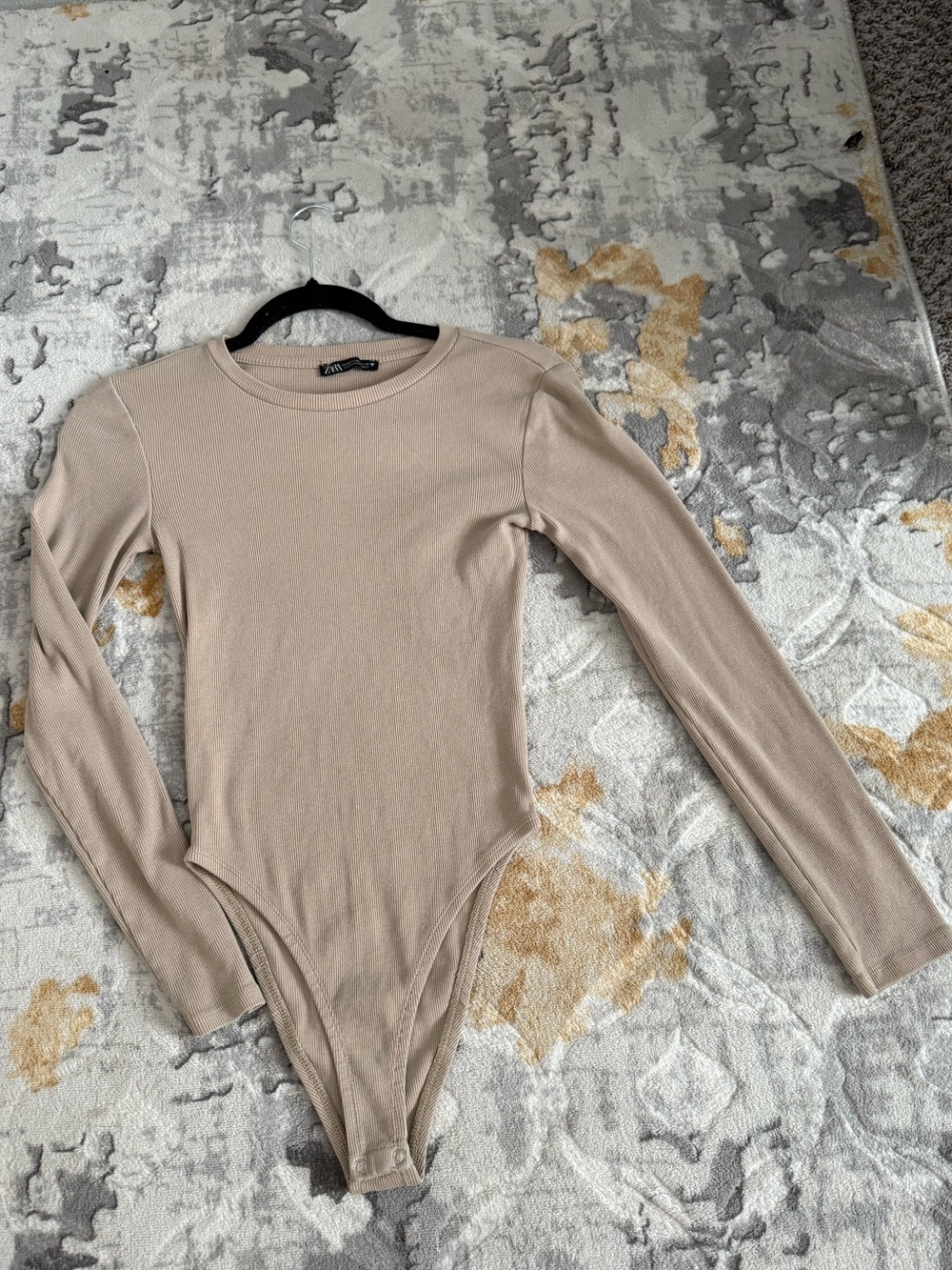 Zara Beige Ribbed Long-Sleeve Bodysuit